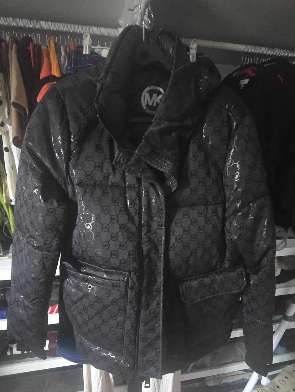 Michael Kors Black Glossy Logo Quilted Puffer Coat